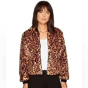 Splendid Jacket Size Large Faux Fur Leopard Print Zip Front